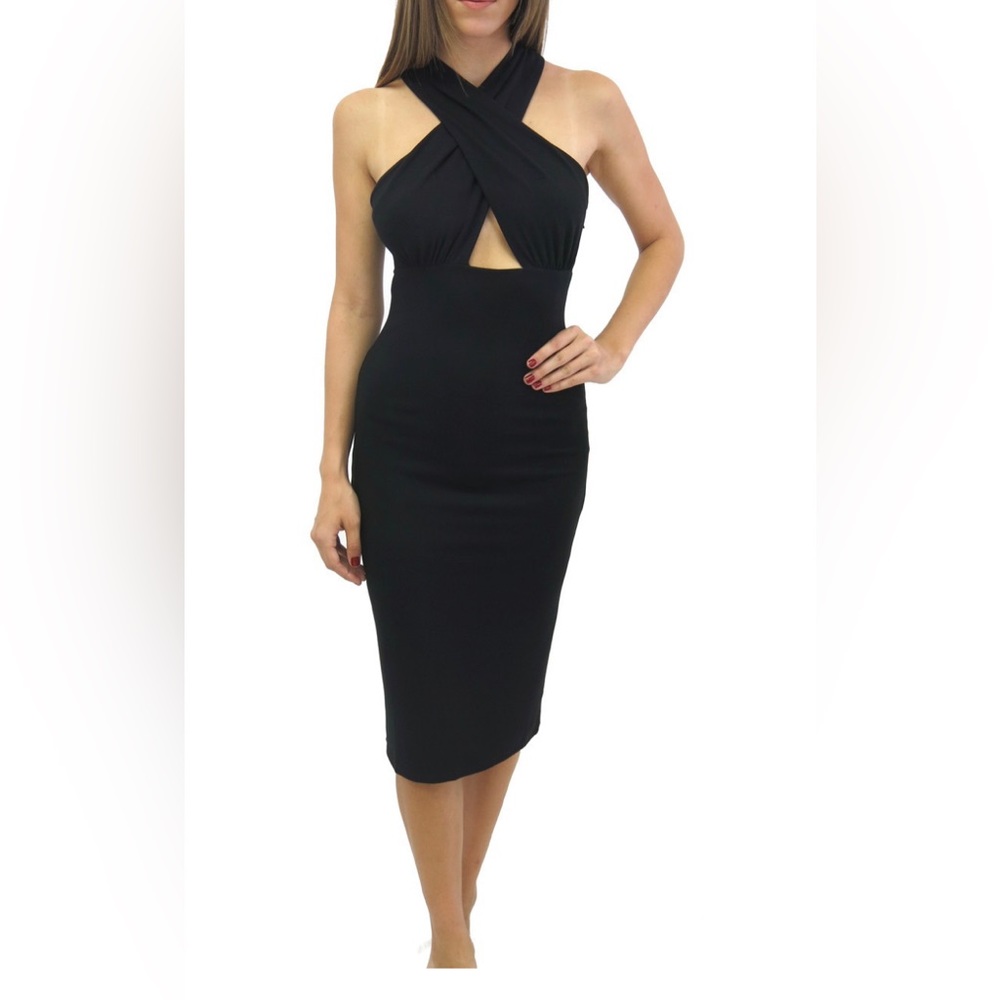 MARA HOFFMAN PONTE FRONT CRISS CROSS MIDI DRESS BLACK